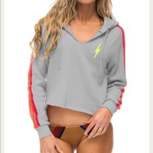 Aviator Nation Bolt Split Neck Crop Hoodie - Light Grey/Neon